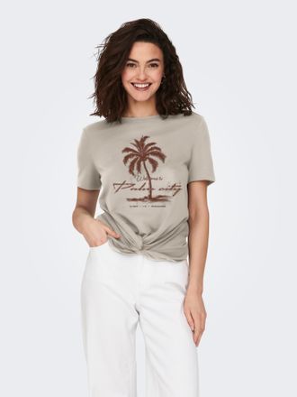 Only Kurzarmshirt ONLY ONLCARRIE REG TWIST S/S TOP BOX CS JRS, Damen, Gr. M (38), oatmeal print:palm city sequoia, Jersey, Obermaterial: 75% Polyester, 25%