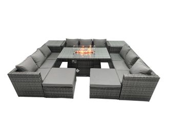 Fimous Rattan Garden Furniture Firepit Dining Set Outdoor 10 Seater Patio with Glass Top Dining Table 2 Side Tables in Dark Grey