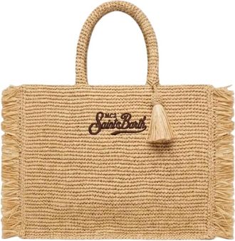 MC2 Saint Barth Colette Handtas met Raffia Franjes en Schouderriem - Dames - Shoppers - Geel - ONE Size - Katoen - Tassen