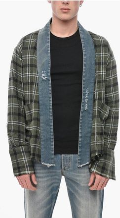 Greg Lauren Open-Front Overshirt in Vintage-Effect Check size M