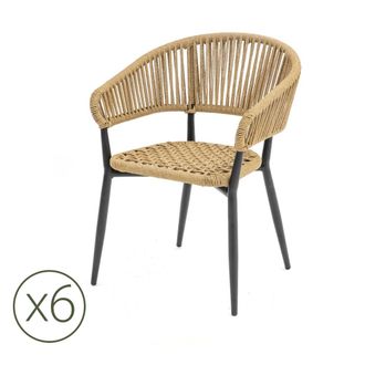 Kerama Pack de 6 sillas de exterior de aluminio negro y cuerda