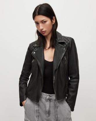 AllSaints Womens Leather Cargo Biker Jacket, Black and Grey, Size: UK 10/US 6