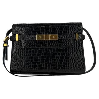 Saint Laurent Pre-owned Womens Croc Embossed Manhattan Shoulder Bag in Black Leather - One Size