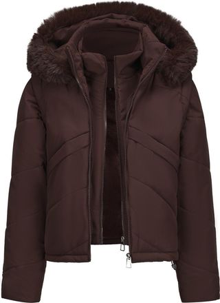 Generic Mrat Womens Puffer Jacket Cropped Down Coats Detachable Faux Fur Hooded Jackets Ladies Slim Fit Zip Up Quilted Short Padded Coat Lightweight Winter Wa