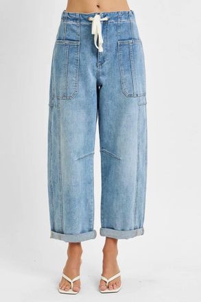 Skies Are Blue Clothing High Rise Crop Wide Barrel Cargo Pocket Cuffed Pants In Light Wash