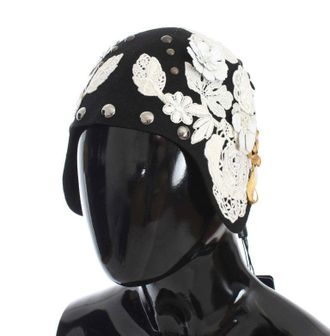 Dolce & Gabbana Womens Black Wool White Floral Gold Leaf Hat
