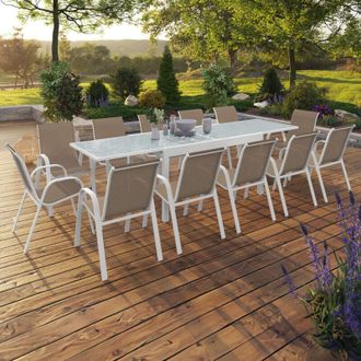IDMarket Conjunto De Muebles De Jard&iacute;n Madrid Mesa Extensible 135-270 Cm Y 12 Sillas Apilables Blanco Y Beige