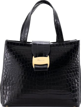 Ferragamo Convertible Vara Bow Tote Crocodile Embossed Leather Small