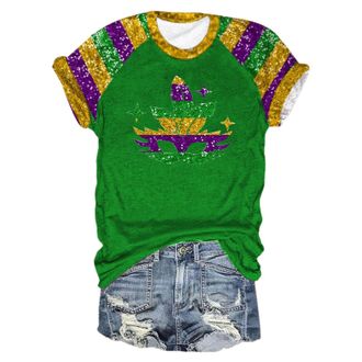 Generic Womens Business Shirts Button Down Blouse Shirt Womens Round Neck Plunger Sleeve Mardi Print Short Sleeve Top Oversized Ladies Denim Shirt (Green, L)