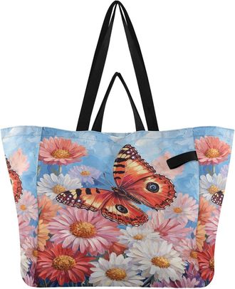 Generic Butterfly Flowers White print Reusable Canvas Tote Bag, Heavy Duty Grocery Shopping Bag with Hard Bottom Double Handles Large Capacity Work Groceries 