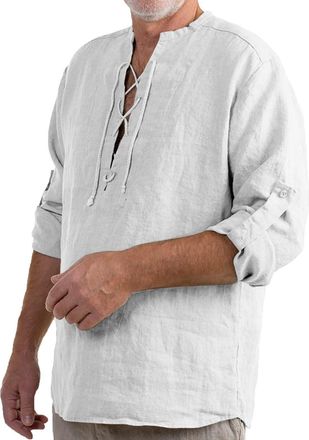 Generic Fashion Washed Long Sleeve Shirts Lace Up Shirt Lightweight Breathable Walking Shirts Solid Shirt Everyday Work Shirts Outdoor Loose Sports Shirts Cas