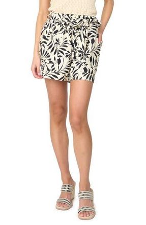 Gibsonlook Playa Tie Belt High Waist Shorts in Parchment/black Graphic Palm at Nordstrom Rack, Size Xx-Small