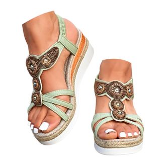 Generic Womens Thick Soled Wedge Heeled Sandals Fashionable Rhinestone Beaded Hollow Beach Sandal Elastic Ankle Strap Sandals Women Dressy (Light Green, 7.5)