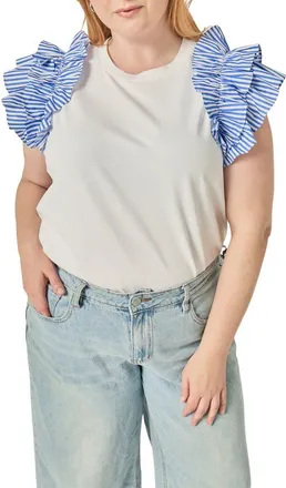 English Factory Mixed Media Ruffle Detail T-Shirt in White/blue Stripe at Nordstrom, Size 1X