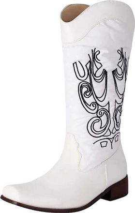 Generic Womens Fashion Western Boots Mid Calf Height Square Toe Medium Block Heel With Classic Embroidery Slip On Design