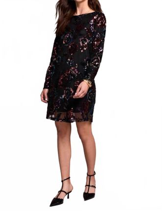 Tribal Floral Sequin Mesh Lined A-Line Dress In Black Multi