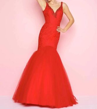 Mac Duggal Lace Applique Mermaid Dress In Red