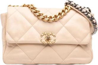 Chanel Pre-owned Large 19 Flap Bag - Dames - Vintage Schoudertas - Beige - ONE Size - Leer - Vintage