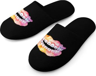 Generic Watercolor Teeth with Braces Clipart Mens Flannel Slipper Soft Non Slip House Shoes Comfy Winter Warm Indoor Outdoor Slippers