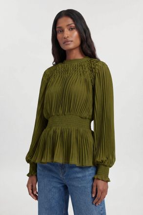 Karen Millen Womens Placement Pleated Balloon Sleeve Blouse - Green Cotton - Size 12 UK