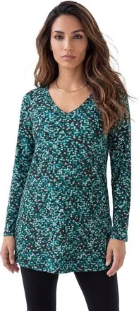 Roaman's Plus Size Cotton Ultimate Long Sleeve V Neck Tunic in Teal Confetti at Nordstrom, Size Medium
