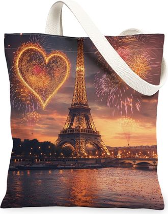 Generic Paris Tower Canvas Tote Bags, Vintage Fireworks Design Reusable Grocery Bags, Lightweight Washable Shoulder Strap for Travel Beach 13x15 Inch
