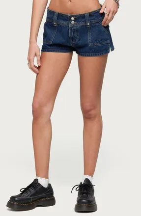 Edikted Keinan Low Rise Denim Shorts in Dark-Blue-Washed at Nordstrom, Size X-Small