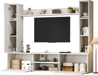 STILVORA Mueble Tv Mural Con 3 Puertas, 2 Cajones Semiabiertos Y Estantes, Para Sal&oacute;n, En Tablero De Part&iacute;culas, 180&times;35&times;33.5 Cm, Blanco