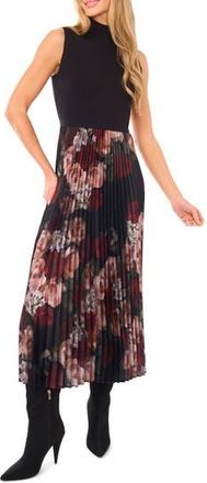Halogen Floral Mixed Media Sleeveless Midi Dress in Rich Black at Nordstrom Rack, Size Large