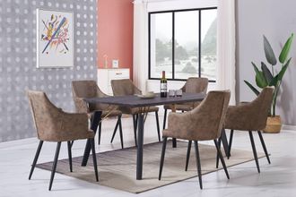 Life Interiors Juego De Comedor Cosmo Lux Zarah: Mesa De Comedor De Madera Negra Y Juego De 6 Sillas De Comedor De Cuero Marr&oacute;n - Comedor Cocina
