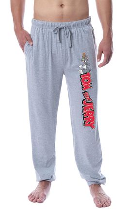 Intimo Tom and Jerry Mens Vintage Characters Logo Sleep Jogger Pajama Pants (Large) Grey
