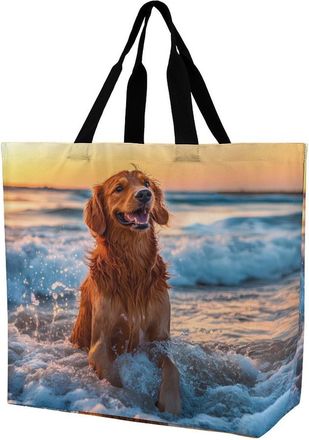 Generic Retriever Dog Beach Sunset Tote Bag Reusable Grocery Shopping Bags Large Travel One Shoulder Handbag for Picnic Work