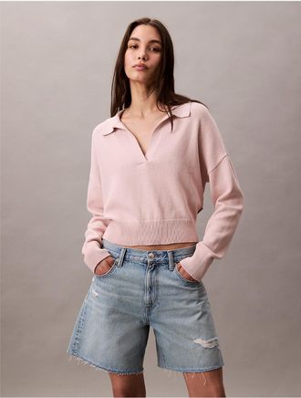 Calvin Klein Womens Smooth Cotton Cropped Polo Sweater - Orange - XS