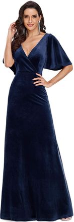 Ever-pretty Womens V Neck Elegant Floor Length Short Sleeves Vintage Velvet Formal Evening Dresses Navy Blue 16UK