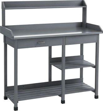 OUTSUNNY Garden Potting Table Workstation w/ Metal Tabletop, Drawer, Shelves