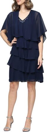 S.L. Fashions Tiered Ruffle Chiffon Dress with Jacket in Navy at Nordstrom, Size 12