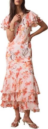 Mint Velvet Floral Ruffle Tie-Back Midi Dress in Pink at Nordstrom, Size 10