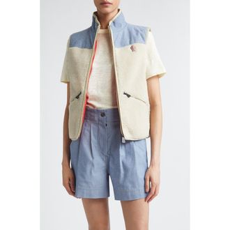 Moncler High Pile Fleece & Chambray Vest in Oyster Gray at Nordstrom, Size Xx-Small