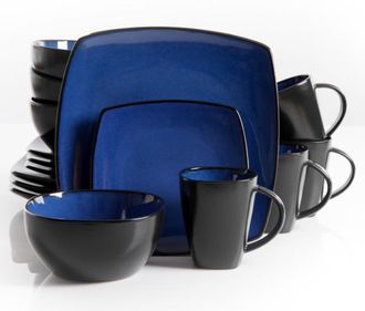 Gibson Soho Lounge 16 Piece Square Stoneware Dinnerware Set in Blue and Black