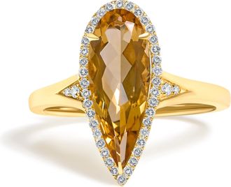 House of Brilliance 10K Yellow Gold Pear Citrine and 1/6 Cttw Diamond Geometric Cocktail Ring