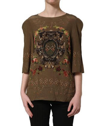 Dolce & Gabbana Brown Keys Roses Printed Silk Blouse Womens Top