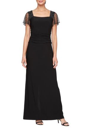S.L. Fashions Beaded Sleeve Ruched Waist Gown in Black at Nordstrom, Size 12P