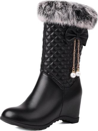 Generic Womens Mid-Calf Boots Faux Fur Trim Bow Pearl Pendant Quilted PU Leather Wedge Heel Round Toe Side Zip Elegant Durable Design,Black,4.5 UK