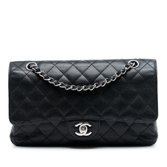 Chanel Pre-owned Womens Medium Classic Caviar Double Flap - Black Leather - One Size