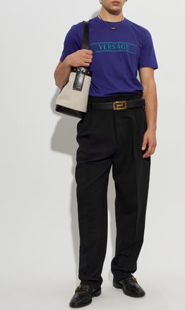 Versace Cotton T-shirt With Embroidered Logo, Mens, Navy Blue