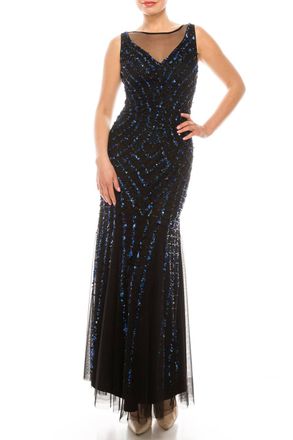 Aidan Mattox Sleeveless Embellished Evening Dress In Black Indigo