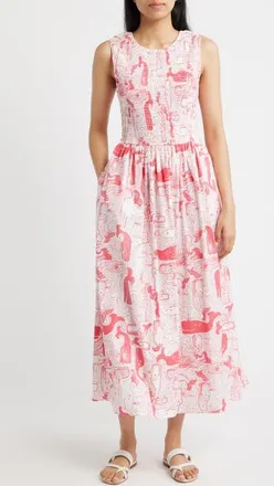 Lilly Pulitzer Daisey Smocked Sleeveless Midi Dress in Paradise Punch at Nordstrom, Size Xx-Small