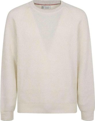 Brunello Cucinelli Trui met geribde ronde hals - Heren - Cashmere truien - Wit - 2XL - Kasjmier - Truien & Vesten