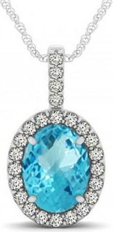 Allurez Blue Topaz & Diamond Halo Oval Pendant Necklace 14k White Gold (3.72ct)