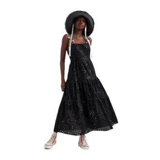 Desigual Zwarte Katoenen Jurk met Vierkante Halslijn en Bandjes - Dames - Maxi kleedjes - Zwart - XS - Katoen - Kleedjes